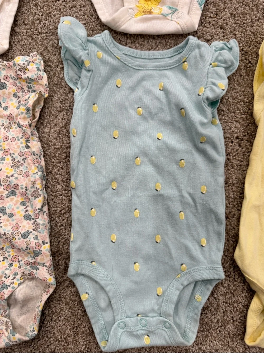 Carter's Yellow, White, Blue, Brown Floral & Lemon One-Piece Bodysuit Bundle